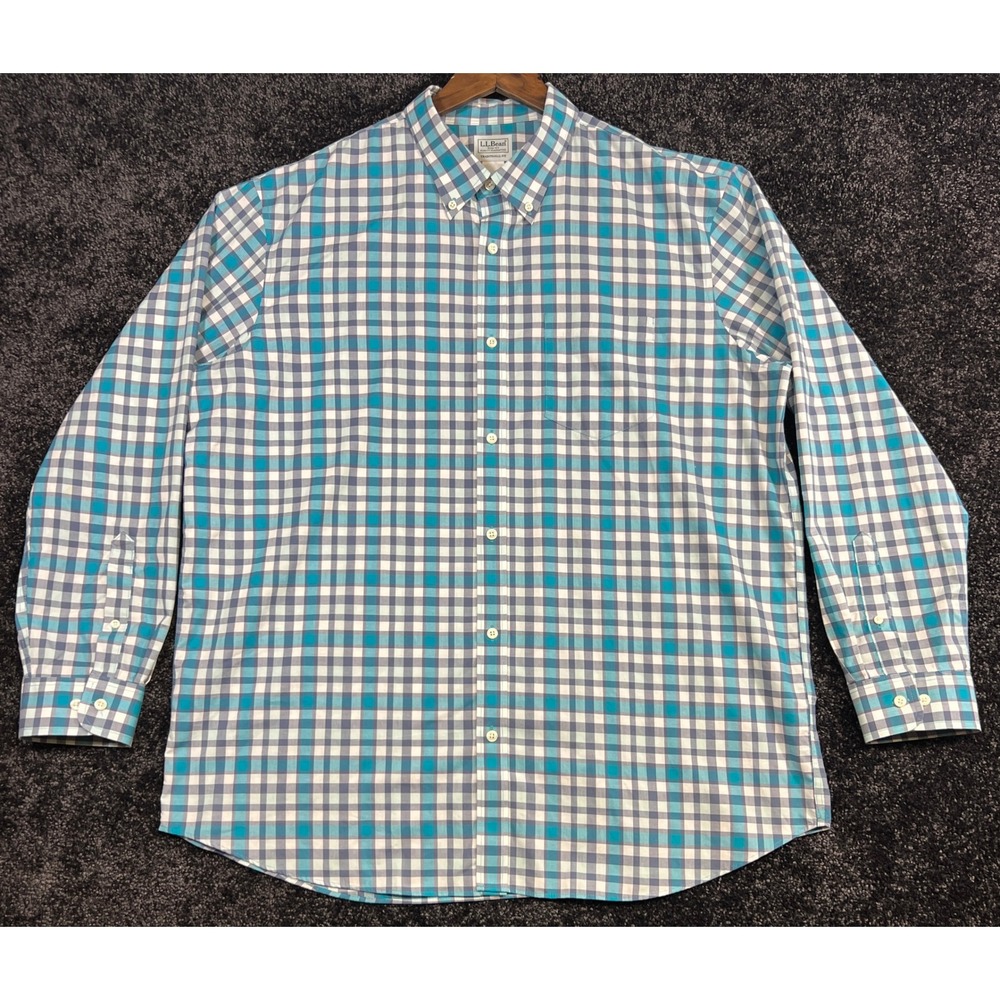 L.L.Bean Men's XL Teal Gray Plaid Button Down‎ Long Sleeve Shirt